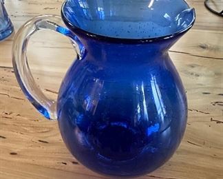Blue TAG glass pitcher 9.5" tall 