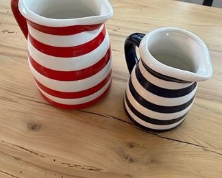 Red and white striped pitcher 9" tall $14; Blue and white striped pitcher 7.5" tall 