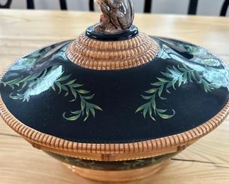 Blue covered dish with monkey 11" tall 