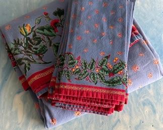 Blue with red trim tablecloth (84" x 68") and 8 napkins 