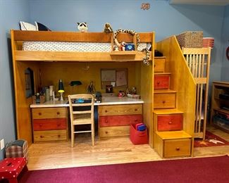 These custom crafted lofted beds with desks are consigned for another client and will not be on the premises of this sale. There are two of these!They are being shown by appointment only. beds: 72.5" tall x 95" long x 59.5" deep. Desks system 78" wide  x 24.5" deep x 28" tall. 