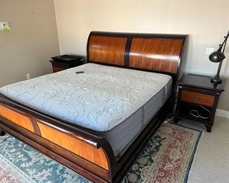 Arhaus King sleigh bed frame, Reverie mechanical box spring, nightstands, lamp and tray