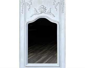 SHEFFIELD HOME CARVED WOOD MIRROR | White carved wood mirror crested by wreath and floral carvings in high relief. - w. 32 x h. 49 in