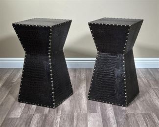 (2PC) PAIR FAUX ALLIGATOR SKIN SIDE TABLES | Pair of pedestal side tables with faux alligator skin and brass tacks. -  l. 14 x w. 13.75 x h. 26 in