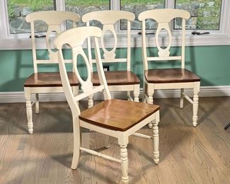 (4PC) WHITE-PAINTED DINING CHAIRS | Solid, sturdy, white-painted side chairs with stained wood seats. - l. 23 x w. 18 x h. 38.5 in