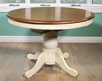 KITCHENETTE DINING TABLE | A small round white painted pedestal kitchen, or eat-in kitchen, table- with extension and one leaf inside (hardwood leaf 15 in.) - h. 29 x dia. 42 in (without leaf)
