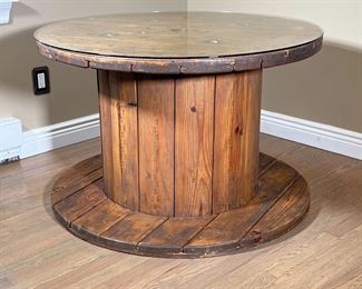 RUSTIC SPOOL TABLE | Wooden spool form table with a custom glass top. - h. 26 x dia. 40 in