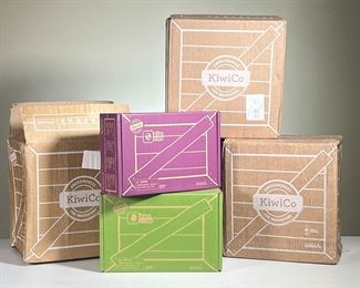 (6PC) UNOPENED KIWICO CRATES | Children's at-home science activities, includes: Atlas crate China, secret agent crate, Queen of Physics crate, Physics Carnival crate, Ice Lab crate, and The Story of Snow crate. All crates unopened, brand new in box. -  l. 11 x w. 7.25 x h. 3.5 in