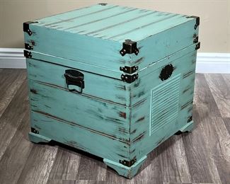 AQUA BLUE WOODEN CHEST | Painted square wooden storage chest with brass accents on corners and painted inside. -  l. 19 x w. 19 x h. 19.75 in