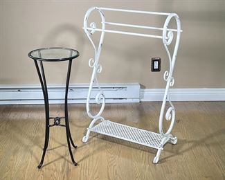(2PC) ROUND TABLE & TOWEL RACK | Including a white painted metal towel rack with three bars and scrolled sides, and a dark metal round side table with a glass top. - l. 23 x w. 9 x h. 37 in (towel rack)