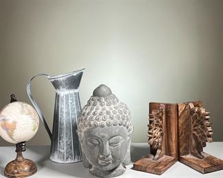(4PC) DECORATIVE ITEMS | Tabletop home decor, including an East Indian bust in plaster. Tree bookends in Wood, India. Tin pitcher with white accent. Small globe on wood base. - w. 8.5 x h. 12 in (Tin Pitcher Largest)