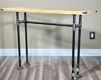 HANDMADE WOOD & IRON PIPE TABLE | Rustic work table made of 2 8x2s and supported by iron pipes. - l. 45 x w. 14.25 x h. 32.5 in