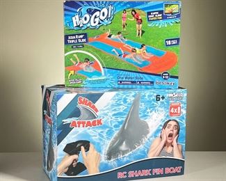 (2PC) POOL & WATER TOYS | H2O Go Water Slide by Bestway 18’ long New in Box Shark Attack RC Shark Fin Boat by World Tech Toys Full Function New in Box. 