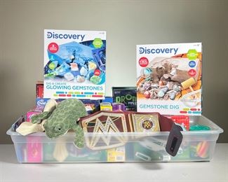 (21PC) CHILDREN’S GAMES & PROJECTS | Includes: Fuse beads, slime making kit, assorted science kits, 2 Discover Gemstone Dig sets, small card games, quiz & maze games, crayons, other games & unopened box of Monopoly Junior.