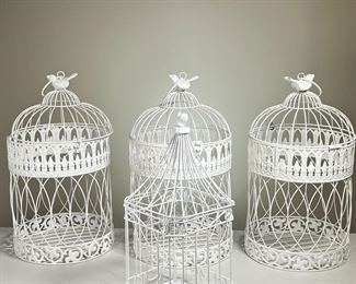 (4PC) METAL BIRDCAGES | Metal Birdcages. Three matchings. One smaller. All in white paint. - h. 18 x dia. 9 in (Largest Birdcage)
