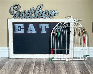 (3PC) DECORATIVE SIGNS | Includes: metal & wood “Gather” sign, birdcage decoration with clothespins, and blackboard “EAT” sign with white wooden border. - w. 28.75 x h. 18 in (largest)