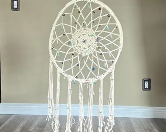 SOLID OAK CRYSTAL INFUSED DREAM CATCHER | Woven dream catcher with various crystals and wooden & ceramic prayer beads attached. - h. 38 x dia. 21 in