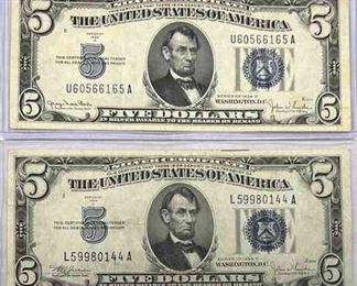 SST355 - A Pair of Silver Certificate $5 Five Dollars Banknotes