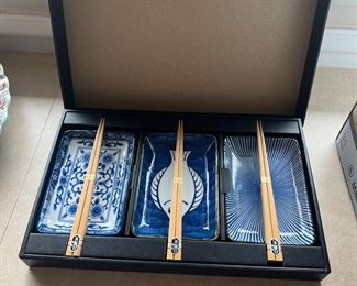 MMS144- (3) Japanese Ceramic Sushi Plate & Chopsticks