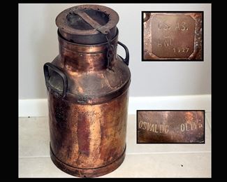 Old Copper Milk Jug Marked Osvaldo Elite and Dated 1927