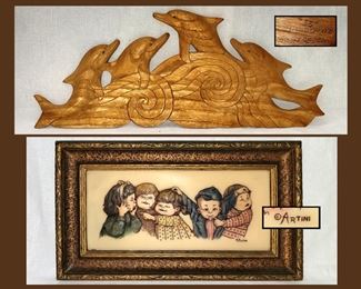 Carved and Signed Dolphins and Artini Plaque