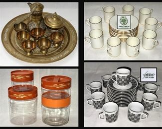 Brass Pitcher and Cups,  Demitasse Cups and Saucers and Pyrex Containers 