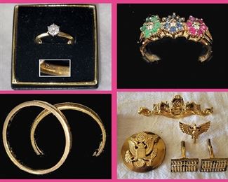 Gold Rings, Abacus Cufflinks, Military Button and Hard Hat Diver Pin 