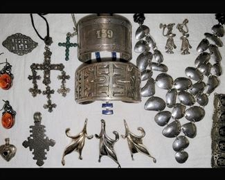 Large Sterling Cuffs, Sterling Leaf Earrings and Brooch, Crosses and More 