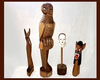 Large Wooden Parrot Bahamas, Elegant Wooden Lady, Fierce Wooden Head 