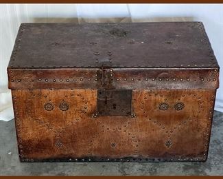 Very Cool Old Leather and Wood Trunk Probably from Brazil
