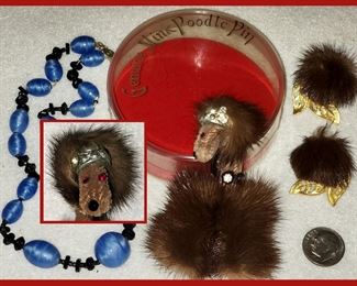 Genuine Mink Poodle Pin and Mink Earrings in Original Box. Inset Photo of How Totally Cute the Poodle Is!!