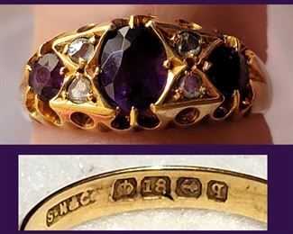Spectacular 18K Gold Antique British Ring, Birmingham, Dated 1915 with Amethysts and Diamonds