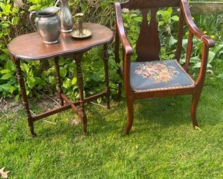 Heather Blue Needlepoint Mahogany Chair , Pewter Pieces on a Parlor Style Table