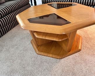 8 sided oak & glass coffee table
