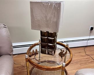 Bamboo & rattan side table & West Elm lamp.