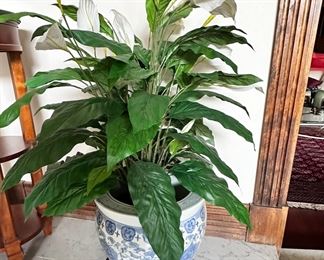 One of 2 silk peace lily plants in planters.