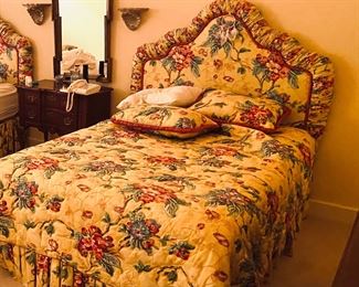 Two queen size beds with custom bedding and upholstered headboards!
Included bedspread and two standard pillow dhams