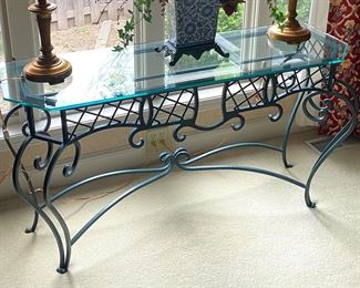 Verde iron narrow table with thick glass top!