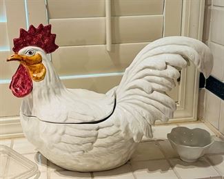 Large ceramic rooster  soup tureen with ladle