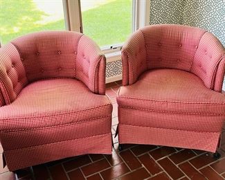 Pair of vintage, rose gingham upholstered, barrel back, swivel chairs