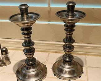 Pair of tall pewter candlestick holders