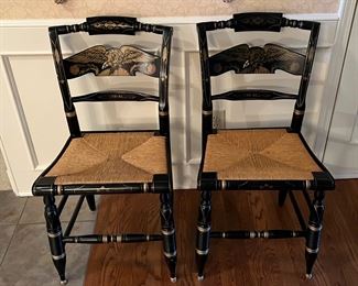 Pair of Ethan Allen Hitchcock chairs with hand decorated black eagles on the back face