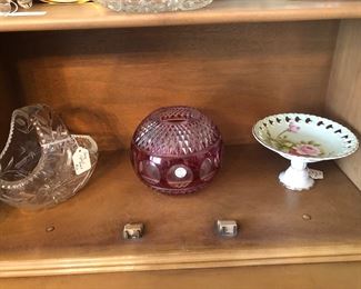 Vintage crystal basket, cranberry glass cut-to-clear rose bowl, Japan pedestal pierced dish.