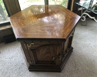 Mid-century hexagonal end table/cabinet, second of three matching pieces. Possibly Hekman.