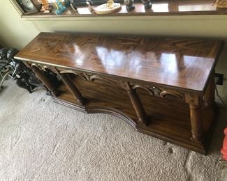 Long occasional table, third of the set. Parquet top. Possibly Hekman. 65" long, 15" deep, 28" tall.