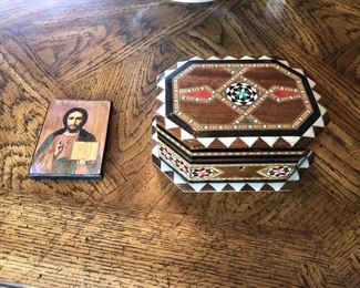 Wooden Jesus icon and Spanish inlaid box 7"x5 1/4"x3".