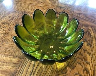 Green, glass floral vintage bowl. 11" diameter.