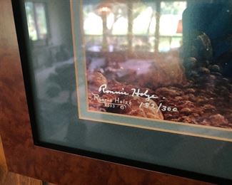 Close up of signature, etc., from Ronnie Hodge rainbow trout print.