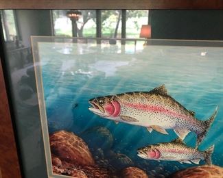 Signed, numbered rainbow trout print by Ronnie Hodge. Frame 16 1/2"x13".