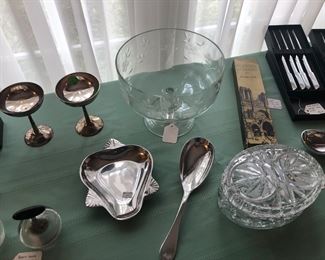 Various nice table wear including silver plate goblets, Heritage pattern Compote, vintage or antique covered dish with brass base.